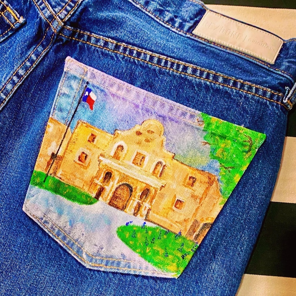 Handpainted Alamo Texas RE/DONE Mid Rise Straight Leg Jeans San Antonio Cowgirl - Picture 2 of 13